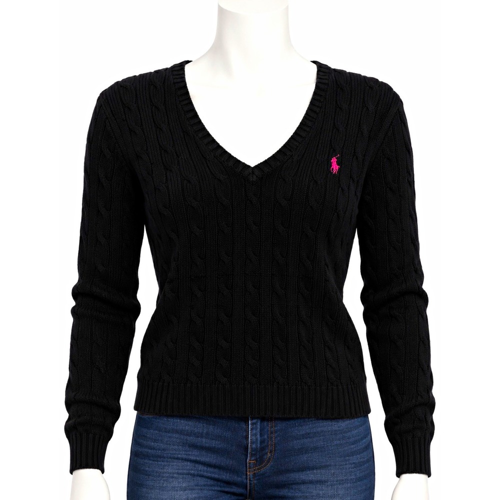 RALPH LAUREN POLO Women's Black Cable Knit V-Neck Logo Pullover Sweater Large L